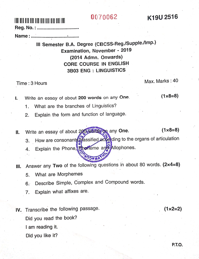 Kannur University B.A.English 3B03ENG LINGUISTICS NOVEMBER 2019