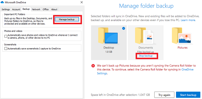 Deshabilitar Administrar copia de seguridad de OneDrive