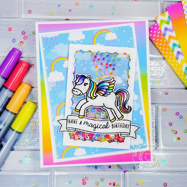 Sunny Studio Stamps: Prancing Pegasus Banner Basics Fancy Frame Dies Birthday Shaker Card by Ana Anderson