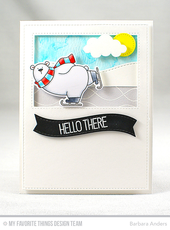 Handmade card from Barbara Anders featuring Birdie Brown Polar Bear Pals stamp set and Die-namics, Whimsical Waves Background stamp, and Stitched Snow Drifts, Puffy Clouds, Stitched Cover-Up Companion - Vertical, Blueprints 13, Blueprints 21, and Blueprints 25 Die-namics #mftstamps