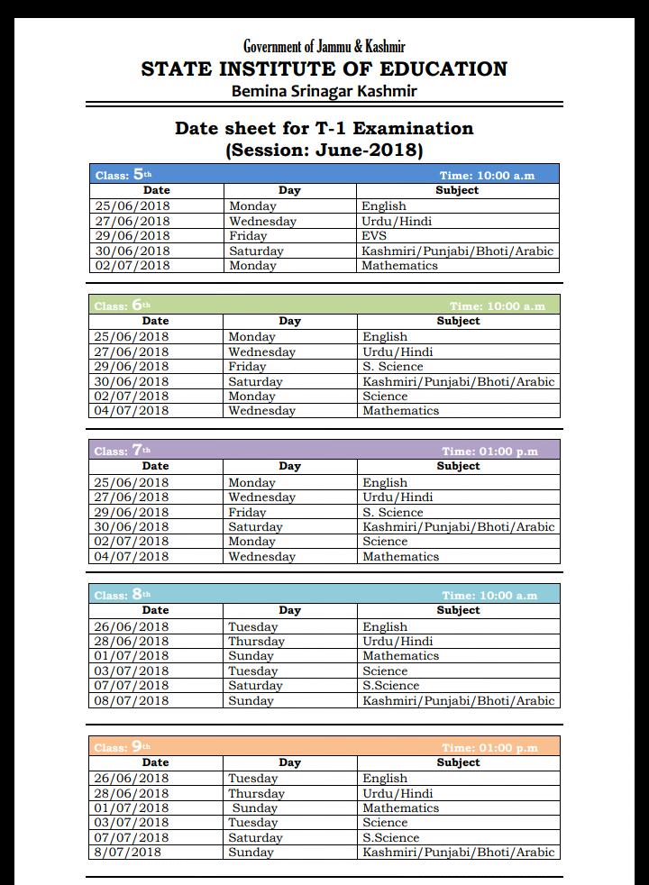 date sheet for 5th