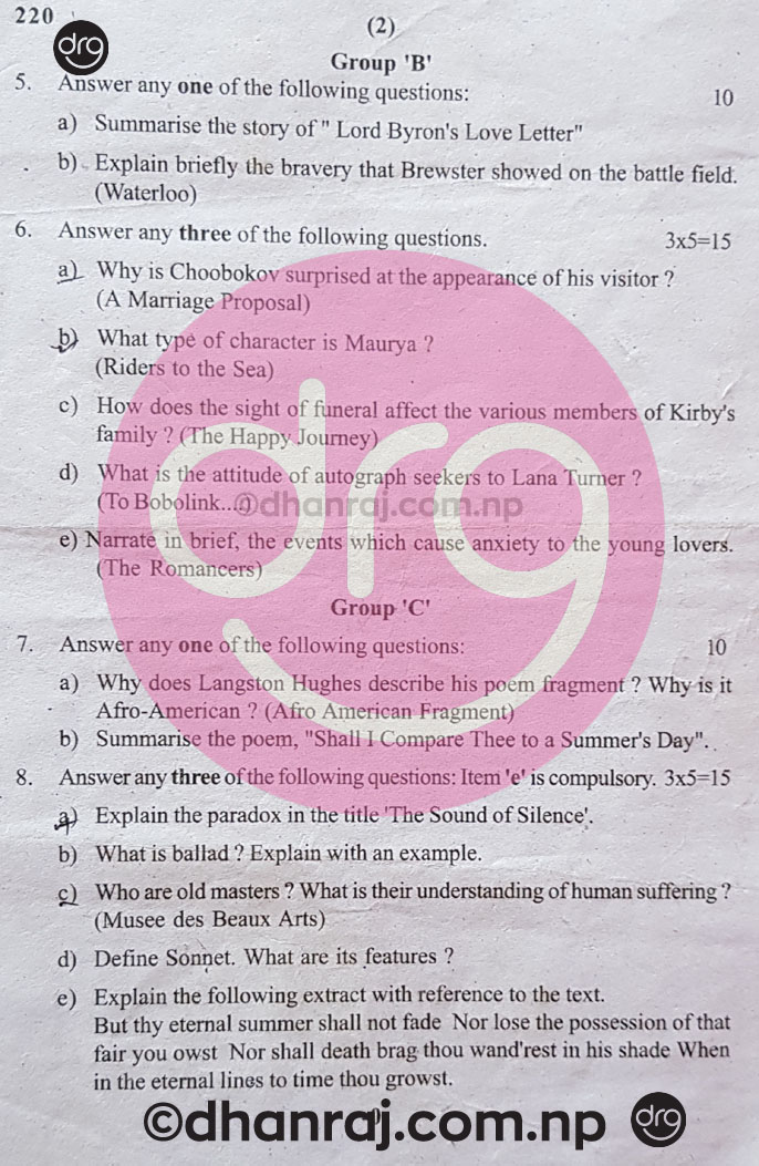 Optional English Class 12 Question Paper 2076 [2019] Sub Code