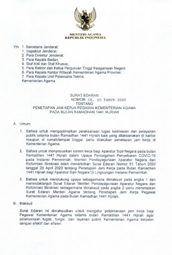 Edaran Kemenag Tentang Jam Kerja Ramadhan Serta Perpanjangan Wfh Sampai 13 Mei 2020