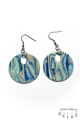 Boucles oreilles pâte polymère Mokume Gane Bleu Sahara Feuilles métallique bleues Cernit Fimo Stenna Création