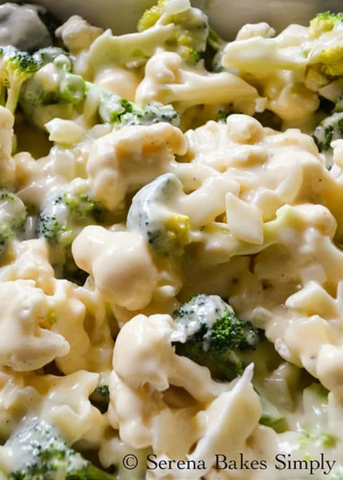 Cheesy Broccoli Cauliflower Casserole layered with homemade cheese sauce from Serena Bakes Simply From Scratch.