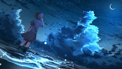 Wallpaper Anime Girl Starry Night Over Over Sea