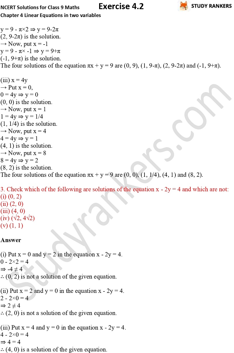 NCERT Solutions for Class 9 Maths Chapter 4 Linear Equations in Two Variables Exercise 4.2 Part 2