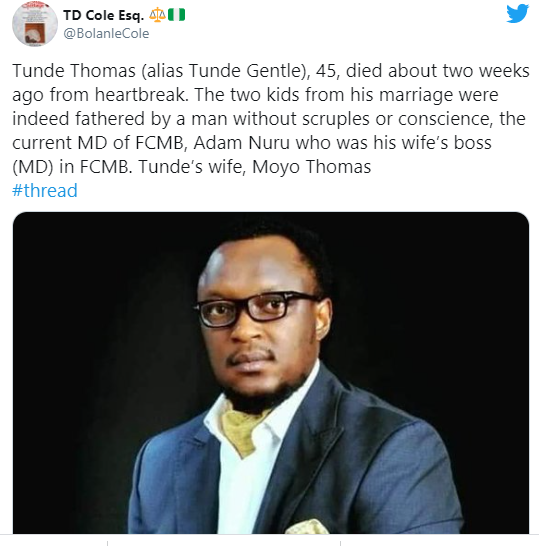 Banker allegedly dies of heart attack after discovering his two children are not his... FCMB MD fingered 4