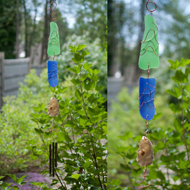 Small size glass, copper, oyster shell wind chime: Coast Chimes