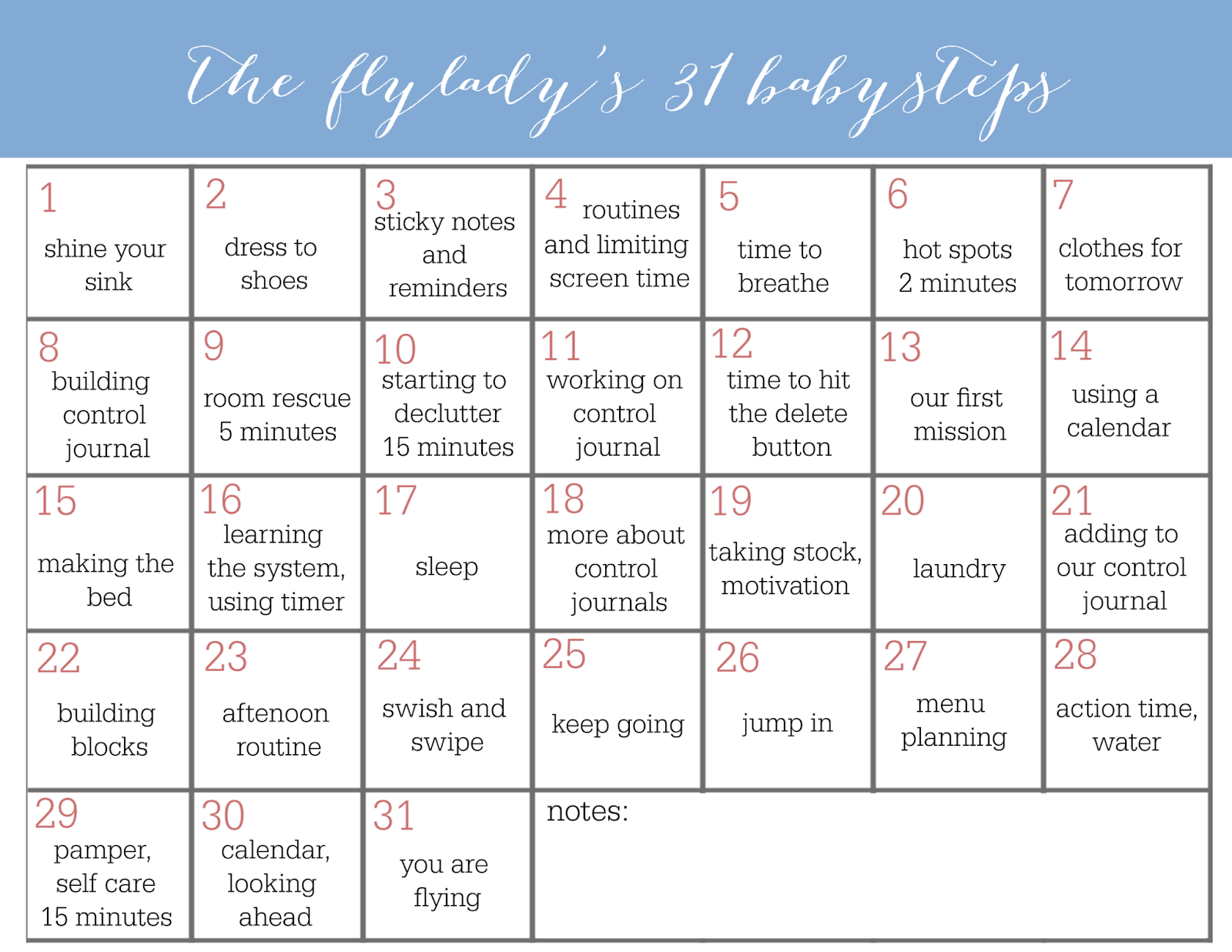 Simply Jaimie FlyLady 31 Baby Steps Calendar