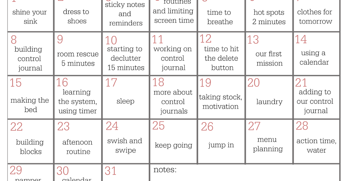 FlyLady 31 Baby Steps Calendar