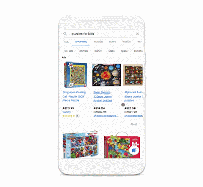 GIF showing shopping results for "puzzles for kids"