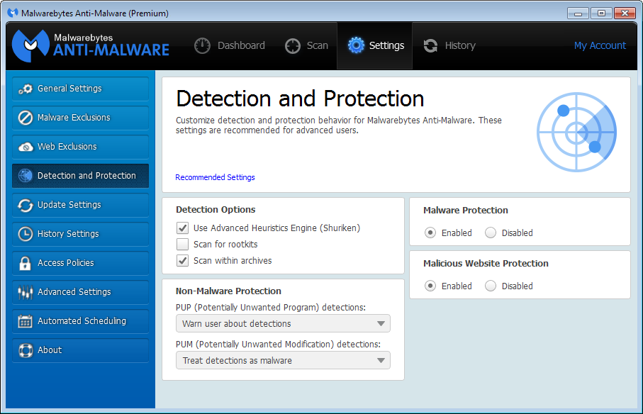 malwarebytes premium trial is showing web protection off