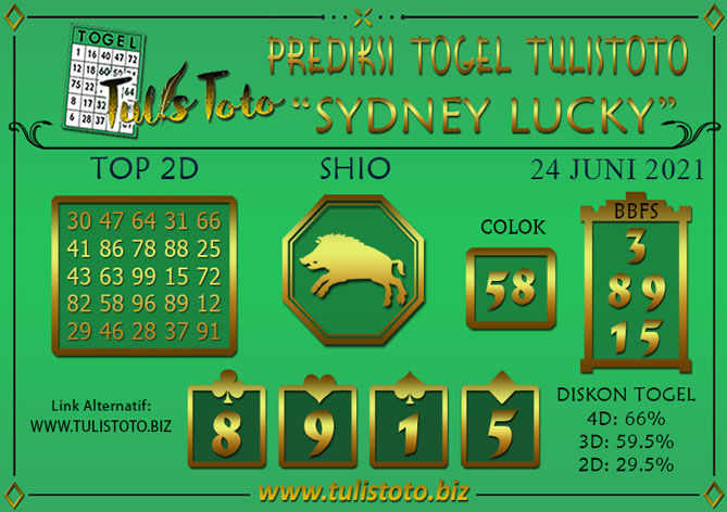 Prediksi Togel SYDNEY LUCKY TODAY TULISTOTO 24 JUNI 2021