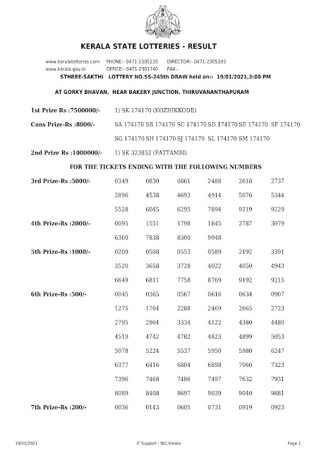 Kerala Lottery Results Today 19.01.2021 Sthree Sakthi SS-245 Result Keralalottery,Live Kerala Lottery Results Today 19-1-2021,Kerala Lottery Result Sthree Sakthi,Sthree Sakthi Lottery Online,SS 245,Kerala Lottery Today
