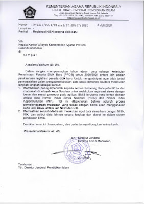 Surat Edaran Registrasi NISN Peserta Didik Baru Tahun Pelajaran 2020/2021