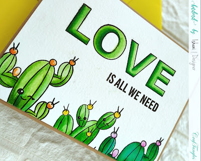 Cactus card, Craftangles stuck on you, Craftangles stamps, water colouring, Copic markers, Polychromos, Cute cards, Repetitive stamping, off the edge stamping, CAS card, Quillish