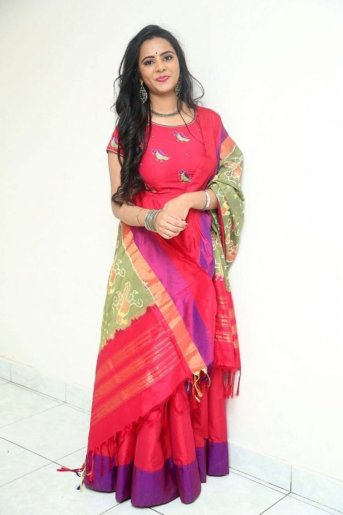 Hyderabad Beautiful Girl Manasa Long Hair Stills In Red Dress