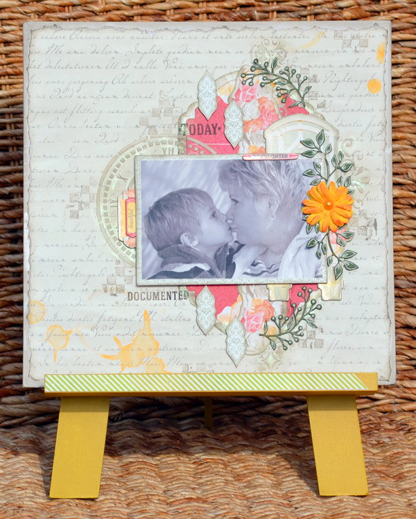 Mixed Media Layout by Denise van Deventer using BoBunny Aryia's Garden Collection and Pentart Chameleon Wax Paste