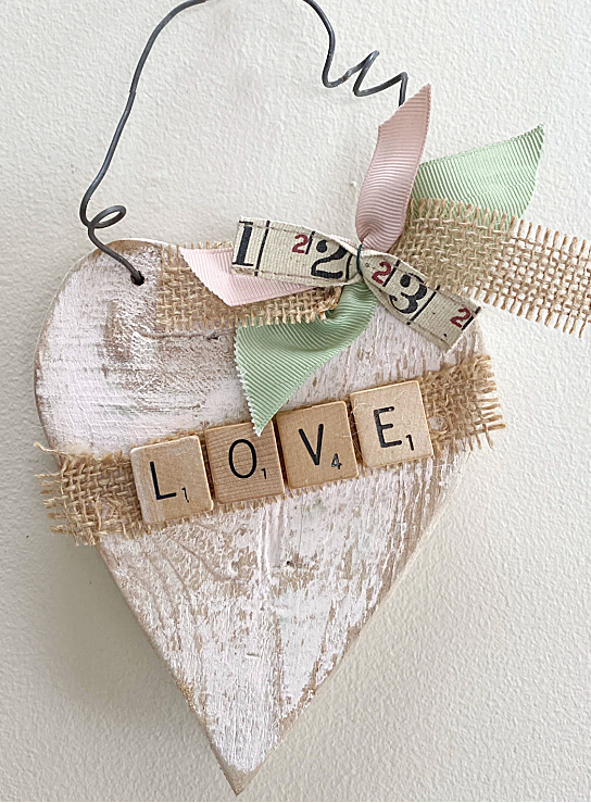 Heart with scrabble letters, bow and wire