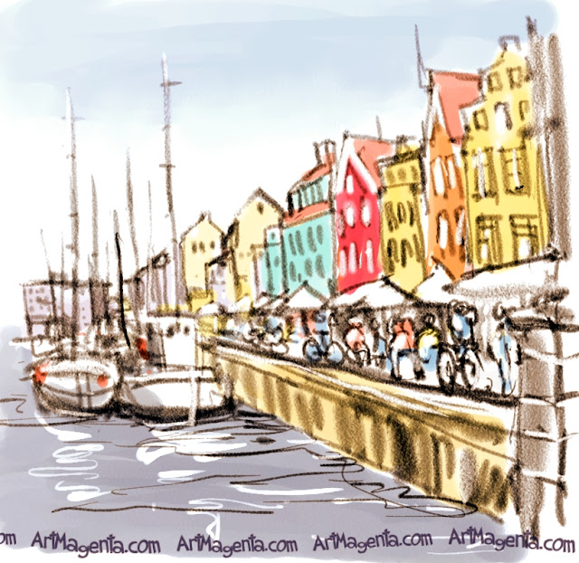 Nyhavn in Copenhagen is an urban sketch by Artmagenta