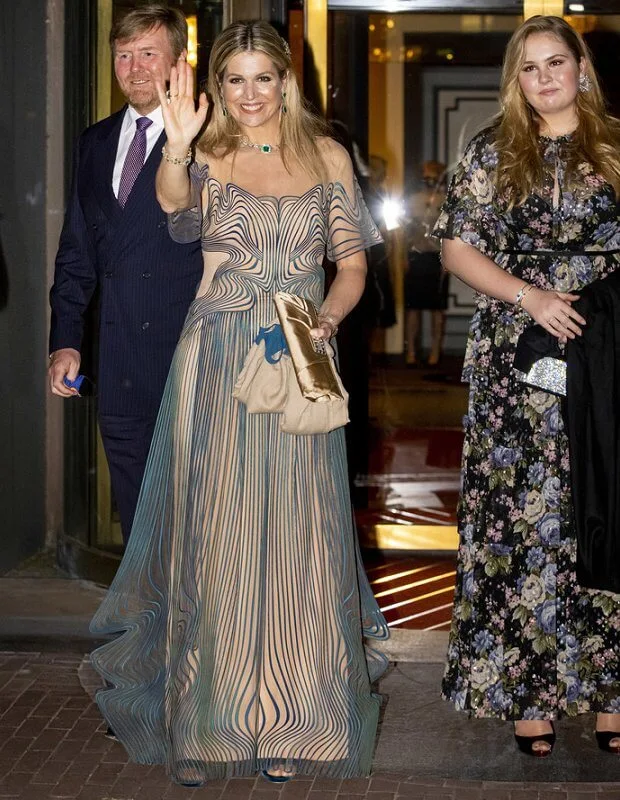 Princess Amalia and Princess Ariane in maxi dress by Needle & Thread, Princess Alexia in green dress by Maje, Maxima in blue dress by Iris van Herpen