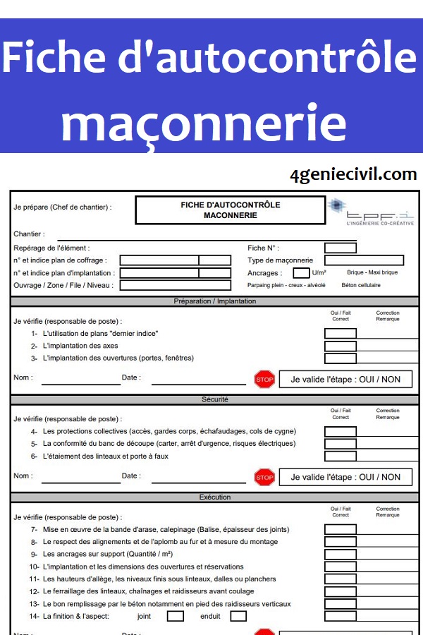 Fiche d’autocontrôle de maçonnerie