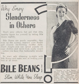 An advert for Bile Beans in the Aberdeen People's Journal - 11 February 1939.  It pictures a slim model with an article about using Bile Beans to slim while you sleep.