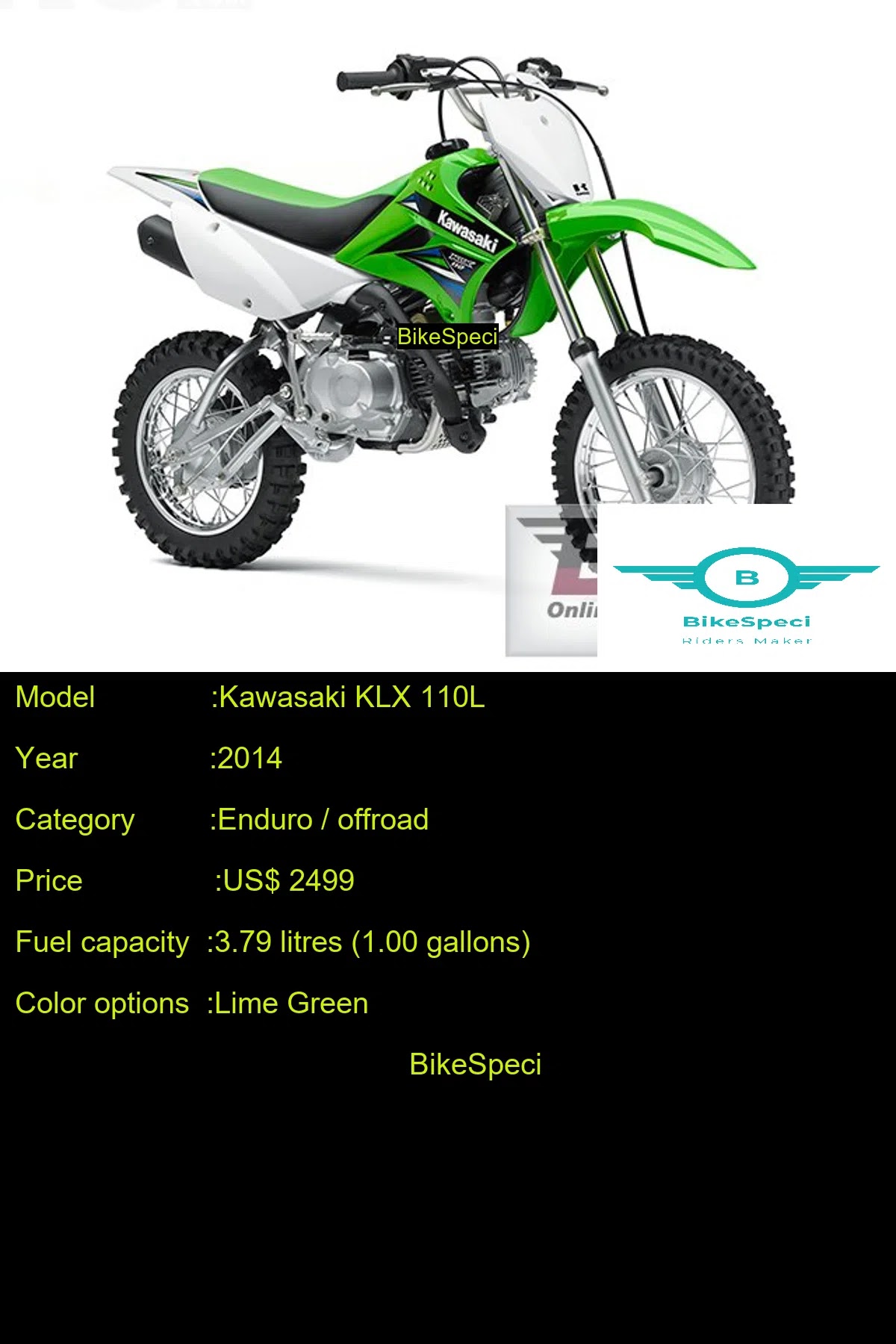 Kawasaki KLX 110L Price, Photos, Millage, Speed, Colours etc