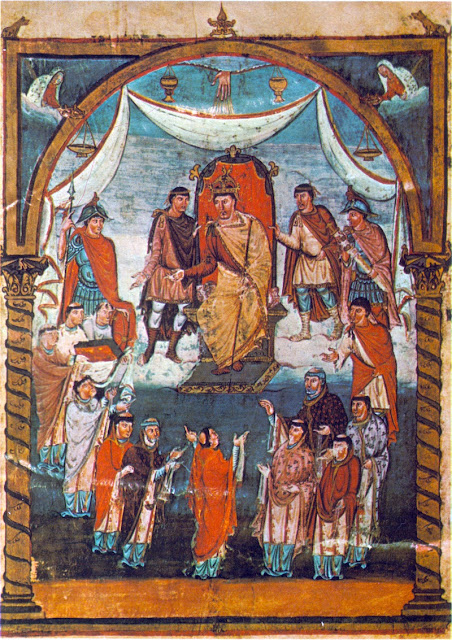 Карл Лысый на престоле приветствует монахов, принесших ему рукопись.