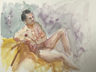 Reclining male model watercolor sketch by Marion Corbin Mayer