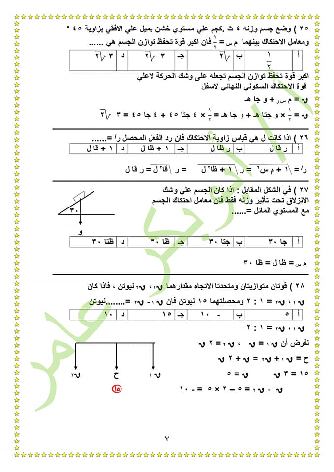 استاتيكا - اختبار استاتيكا على النظام الجديد اختيار من متعدد بالإجابة للصف الثالث الثانوى  7