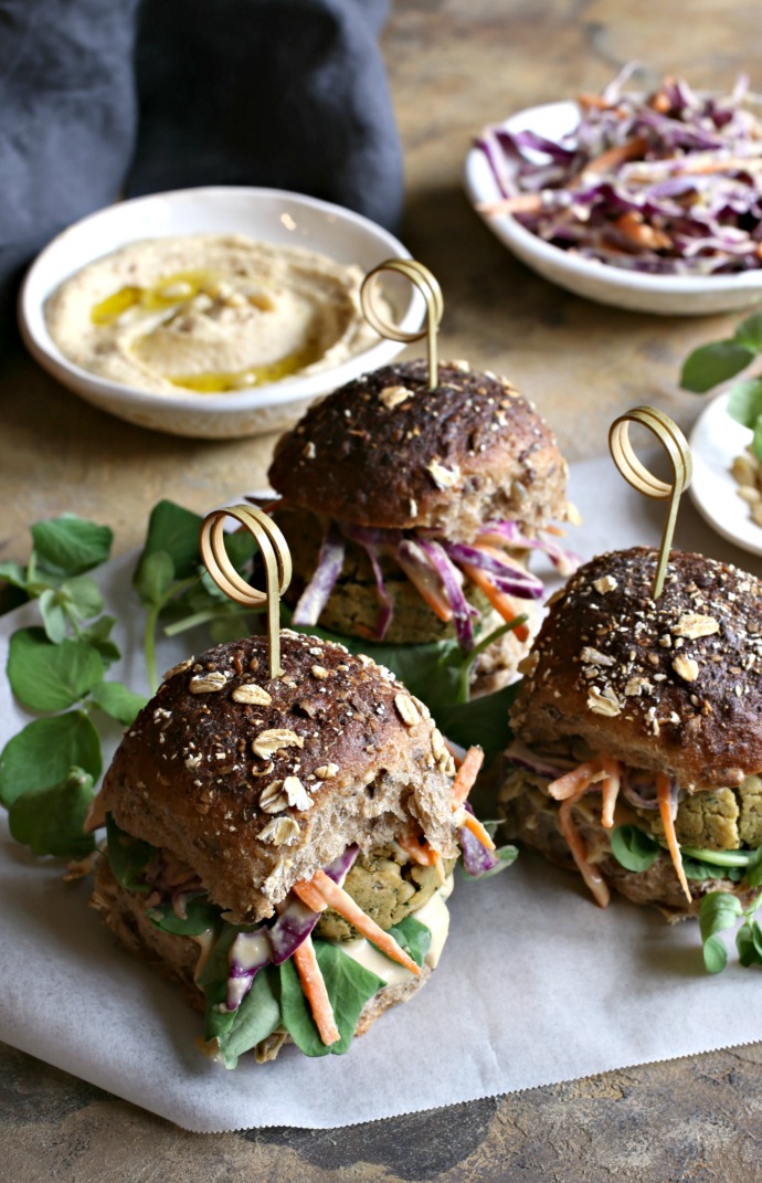 Hungry Couple Baked Pine Nut Falafel Sliders with Hummus Slaw