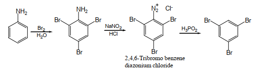 c) Aniline → 1,3,5-Tribromo benzene