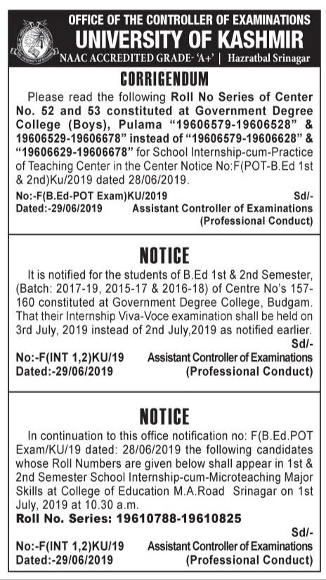 University of Kashmir corrigendum and notice for B. Ed students especially 1st & 2nd semester 