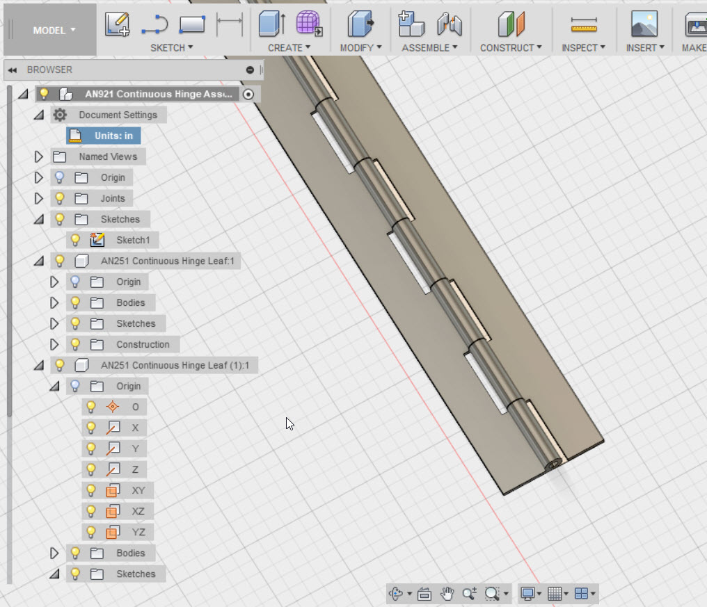 A close up of the continuous hinge as it was finished in my previous post.
