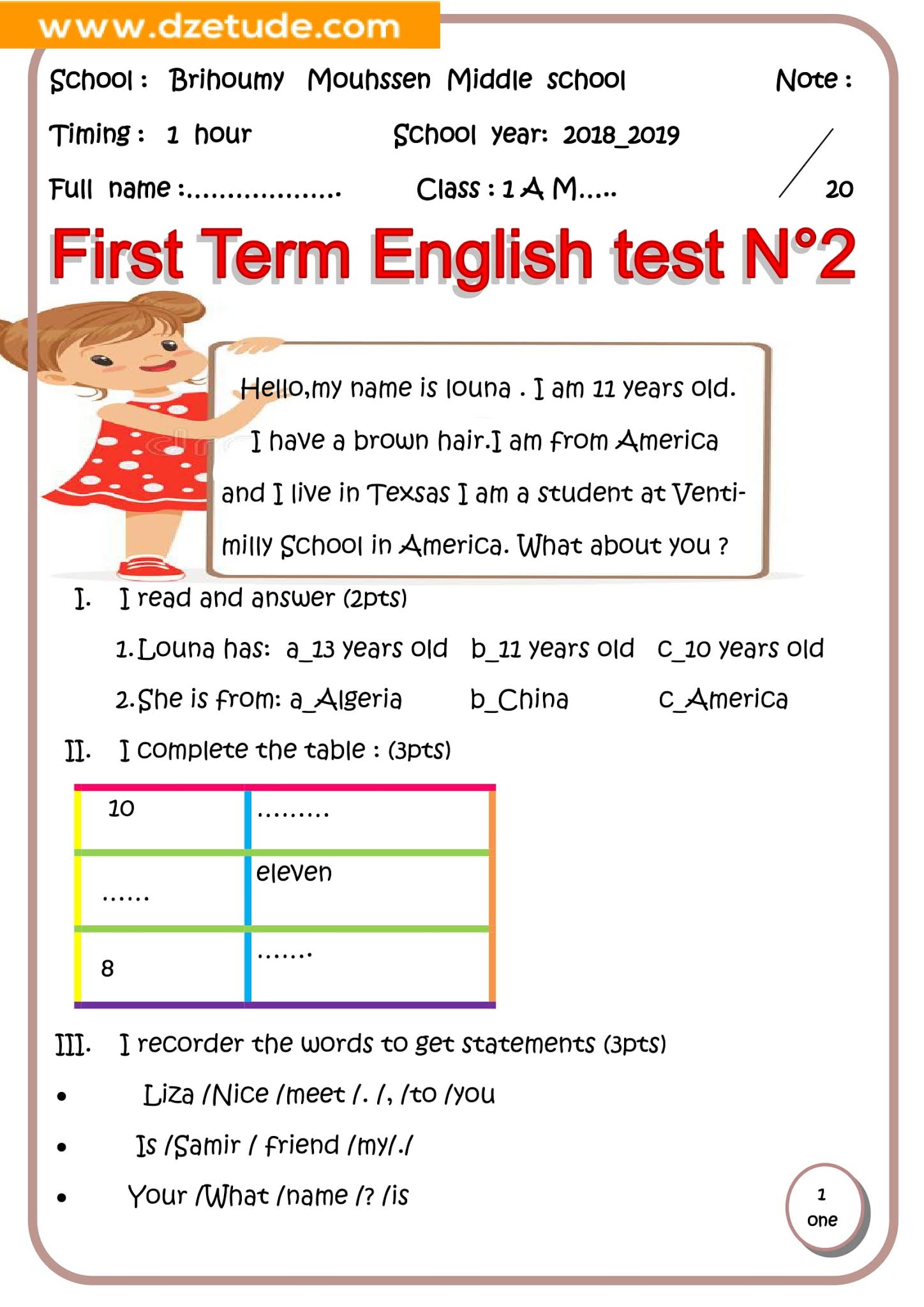 فرض اللغة الإنجليزية الفصل الأول للسنة الأولى متوسط - الجيل الثاني نموذج 2