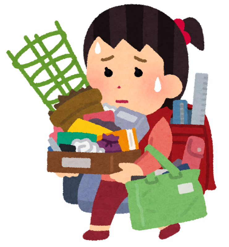 学期末に沢山の荷物を持ち帰る小学生のイラスト 女の子 かわいいフリー素材集 いらすとや