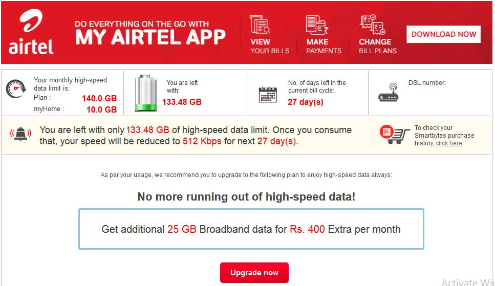 how to check airtel broadband usage limit