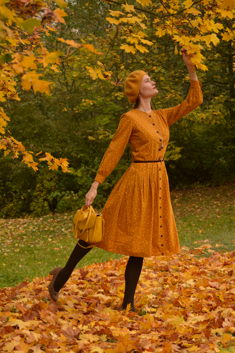 mustard yellow handmade dress, autumnal aesthetic, georgiana quaint, 1940s inspired vintage dress