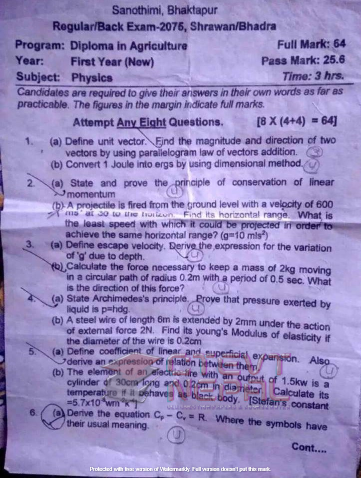 AG Physics 1st Year Question Papers CTEVT Diploma in Agriculture