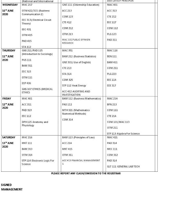 Eastern Poly Online Exam Timetable for 1st Semester 2019/2020