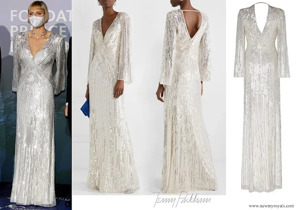 Princess Charlene wore Jenny Packham Silvie V-neck Sequin Gown