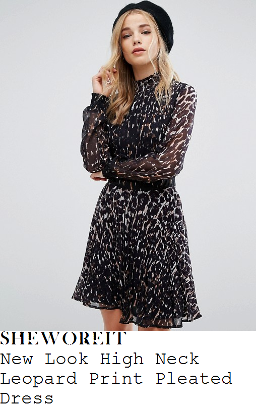 holly-willoughby-new-look-black-and-off-white-leopard-print-long-sleeve-high-neck-pleated-semi-sheer-chiffon-mini-dress