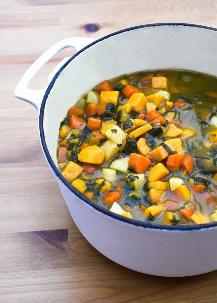 Pot of Carrot & Sweet Potato Soup with Spinach