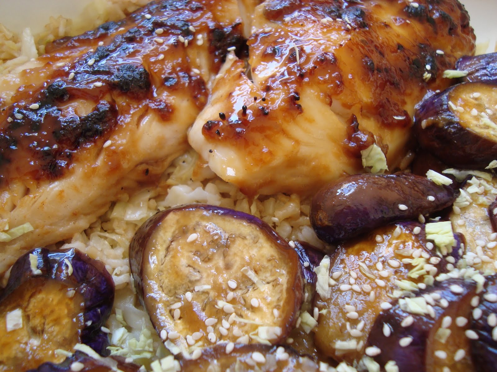 Miso Cod and Japanese Eggplant over Sesame Cabbage Rice