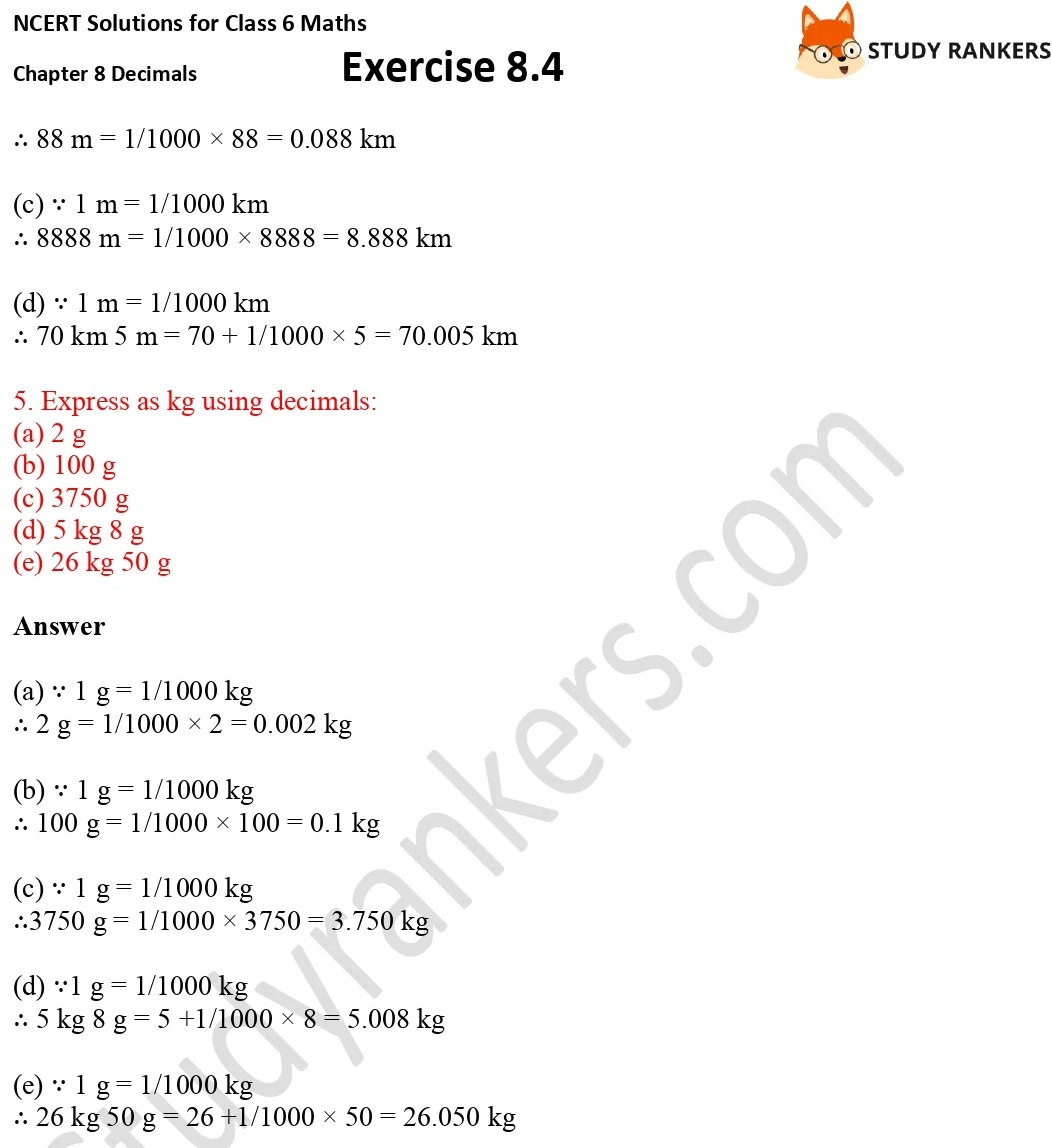 NCERT Solutions for Class 6 Maths Chapter 8 Decimals Exercise 8.4 Part 3