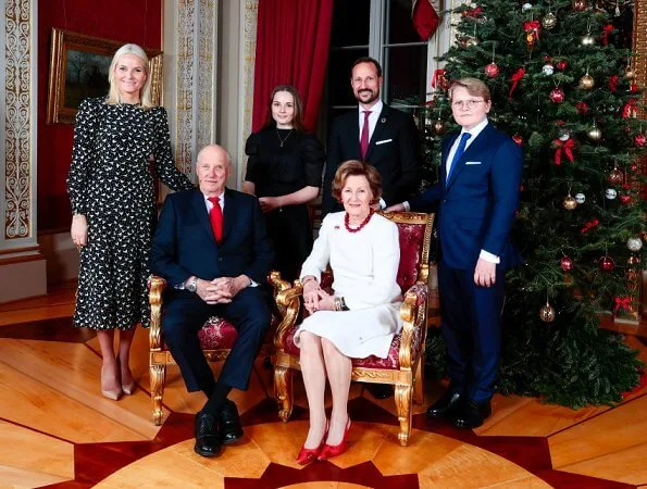 Princess Ingrid Alexandra, Sverre Magnus and Queen Sonja. Crown Princess Mette-Marit wore a white dove bird-print dress