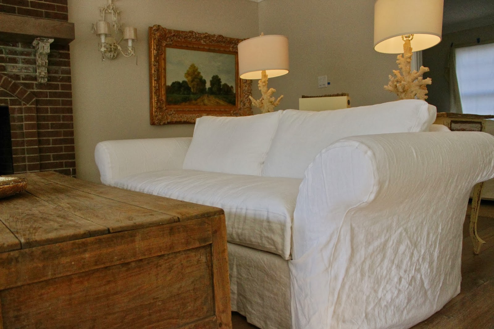 Custom Slipcovers by Shelley Topstitched White Linen Couches