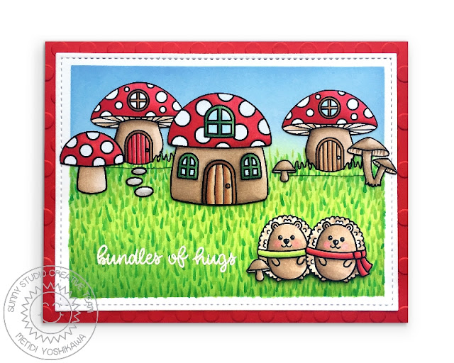 Sunny Studio: Woodsy Autumn Red & White Mushroom Toadstool House & Hedgehog Card by Mendi Yoshikawa (using Backyard Bugs stamps, Lots of Dots Embossing Folder & Frilly Frames Retro Petals die) Sunny Studio: Woodsy Autumn Red & White Mushroom Toadstool House & Hedgehog Card by Mendi Yoshikawa (using Backyard Bugs stamps, Lots of Dots Embossing Folder & Frilly Frames Retro Petals die)